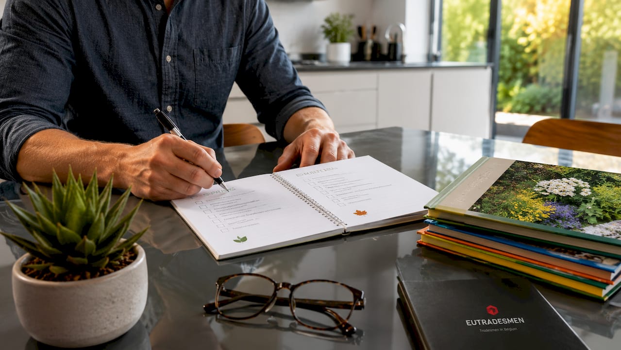 Hands holding pen over seasonal home care checklist