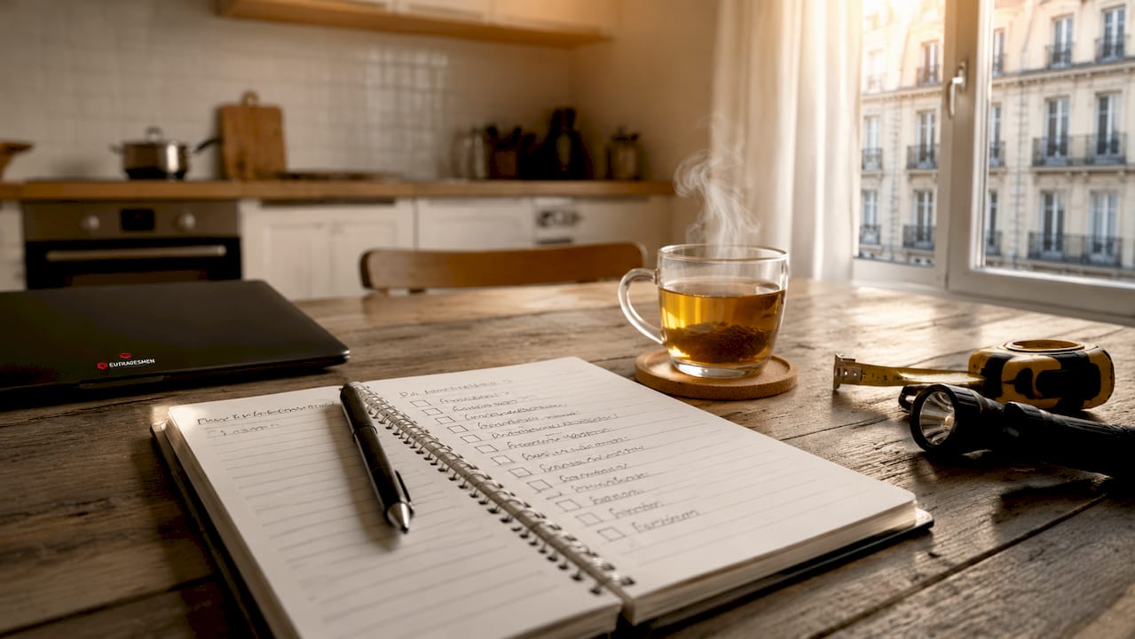 Home office desk with maintenance checklist and tools