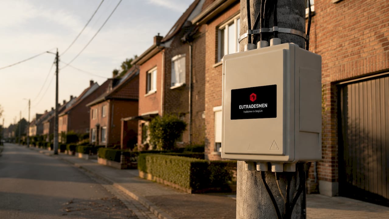 Fiber optic broadband infrastructure box on Belgian street