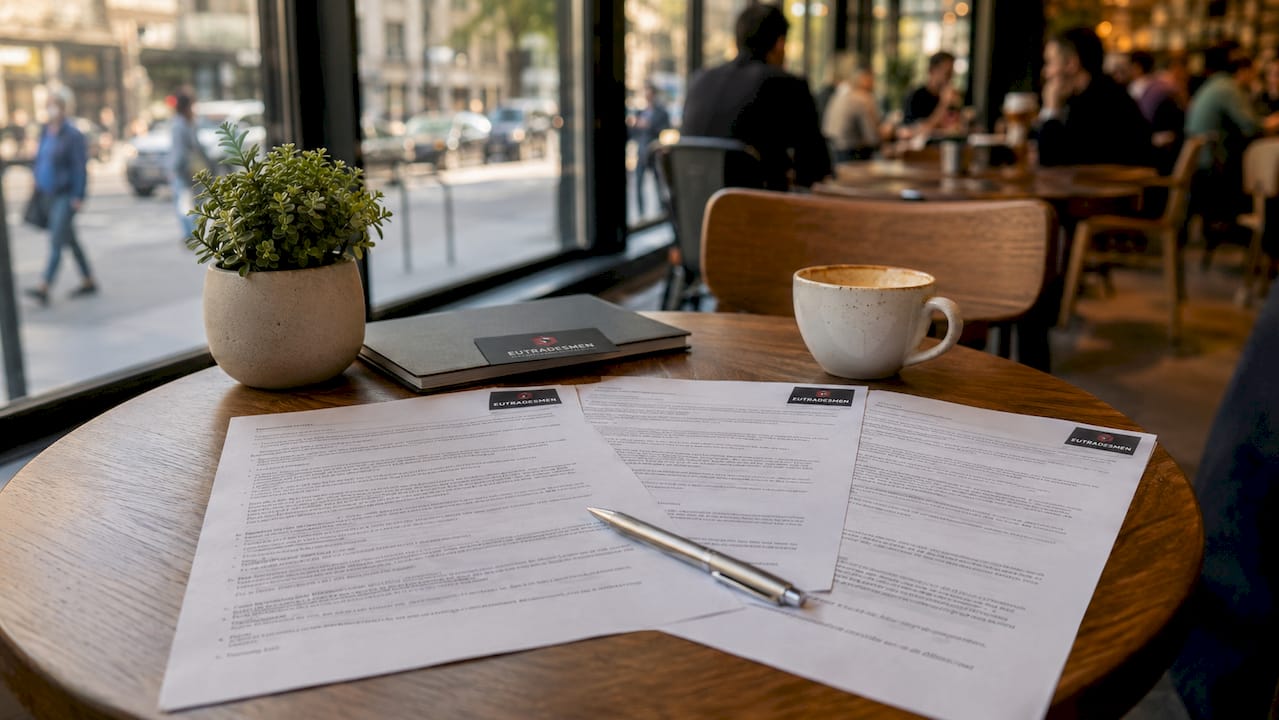 Documents of Belgian broadband contracts on desk with Eutradesmen logo