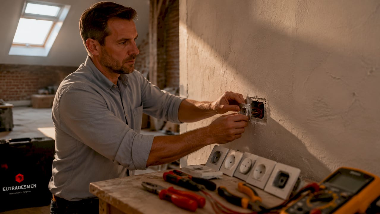 Electrician's hands installing socket inside home