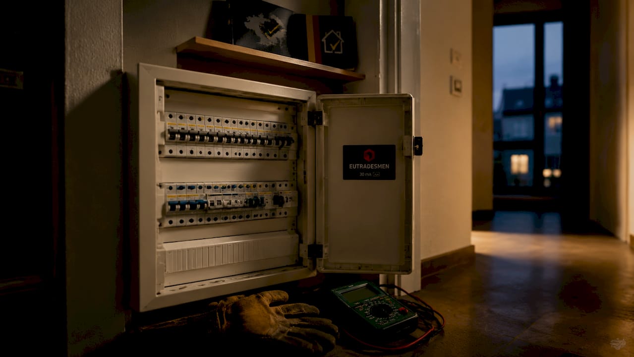 Overhead view of electrical panel with RCD and tools