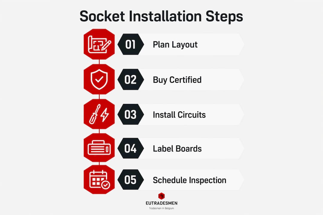 Infographic showing socket installation steps in Belgium