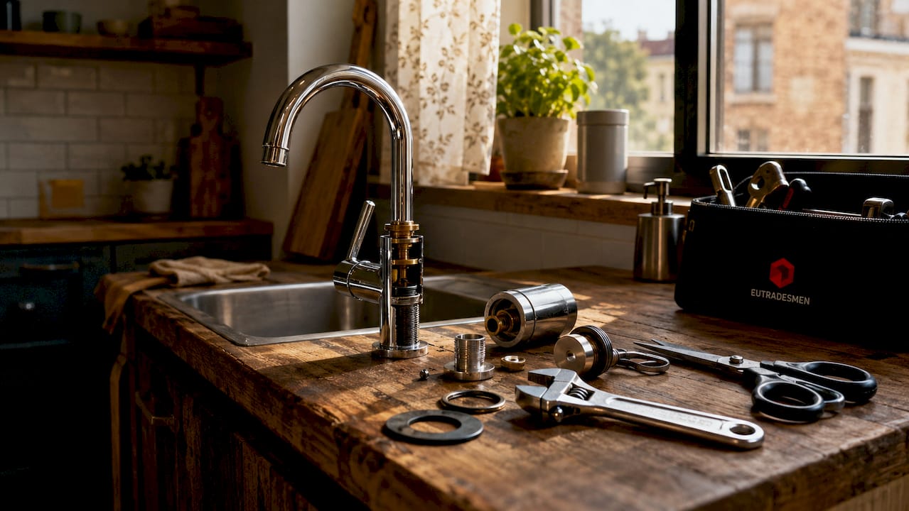 Close-up of tap repair tools and disassembled tap parts