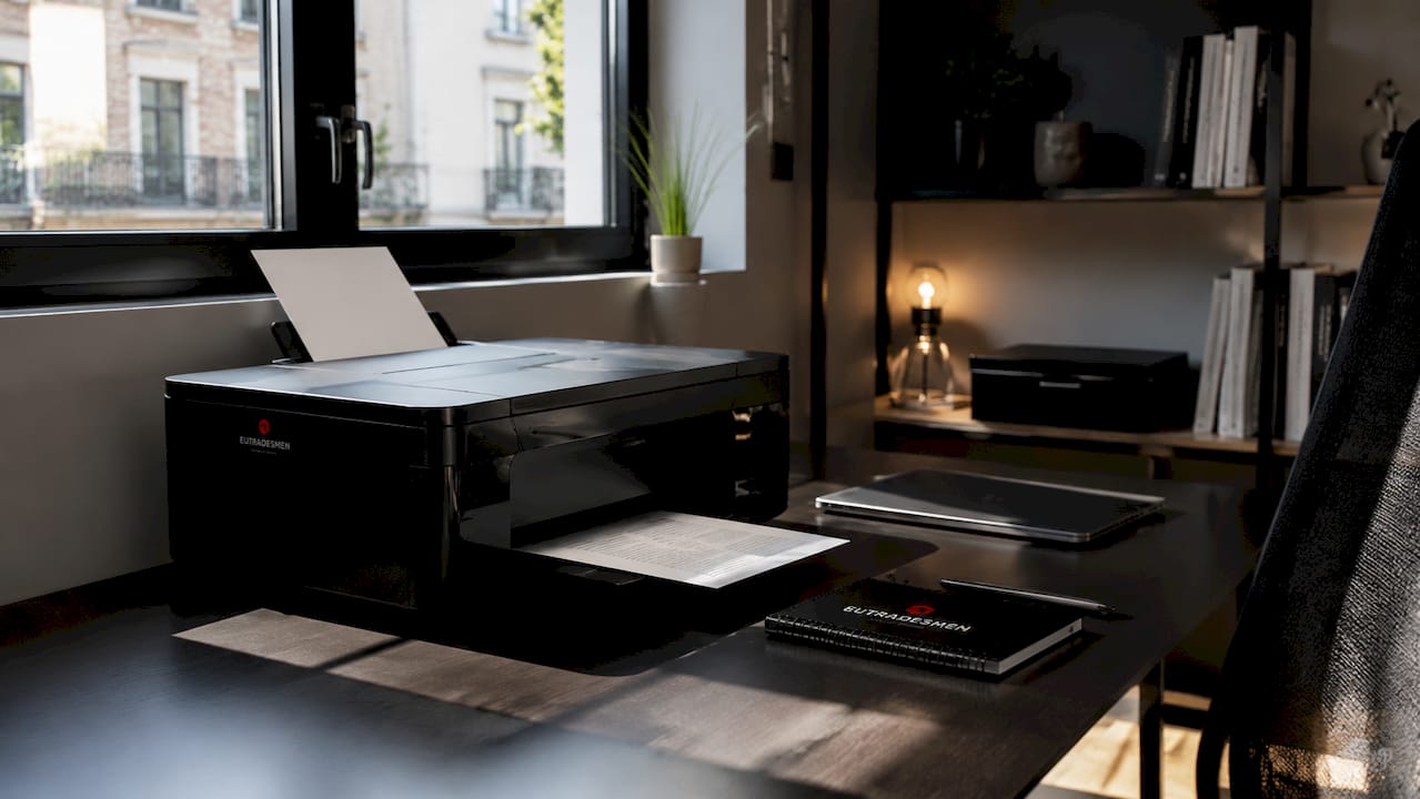 Home printer setup on desk with Eutradesmen logo