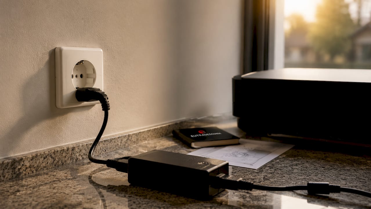 Printer power cable plugged into Type E socket with Eutradesmen logo