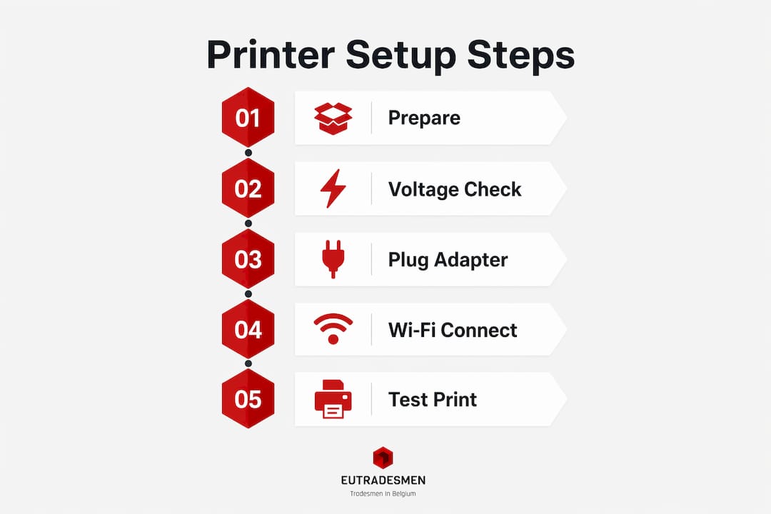 Infographic outlining printer setup steps in Belgium