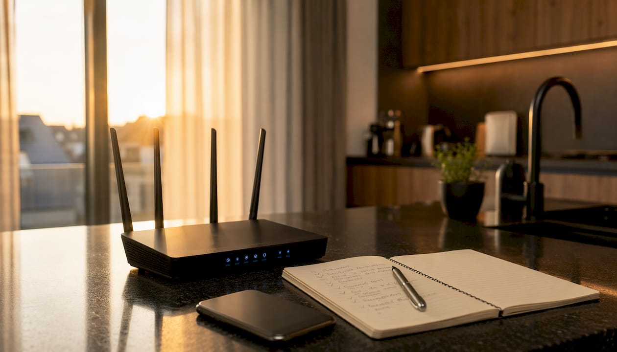 Wi-Fi router with setup notes on desk