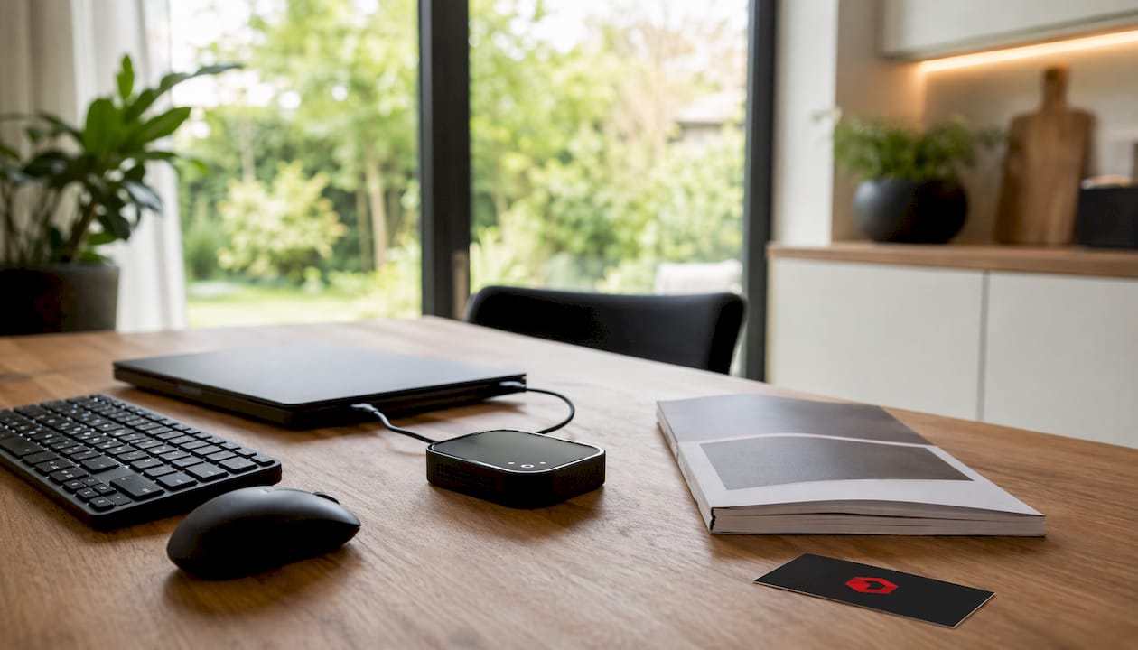 Wi-Fi speed test setup with tester device on desk