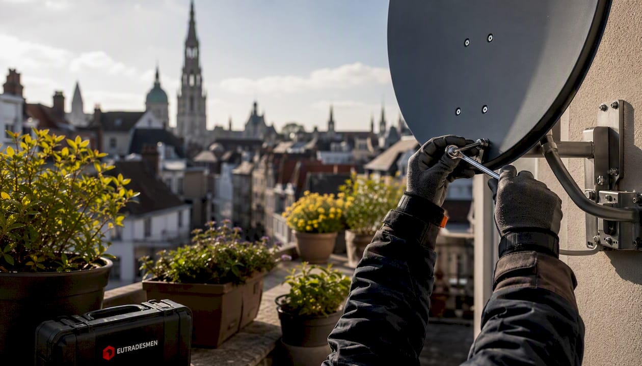 Technician adjusting satellite dish outdoors