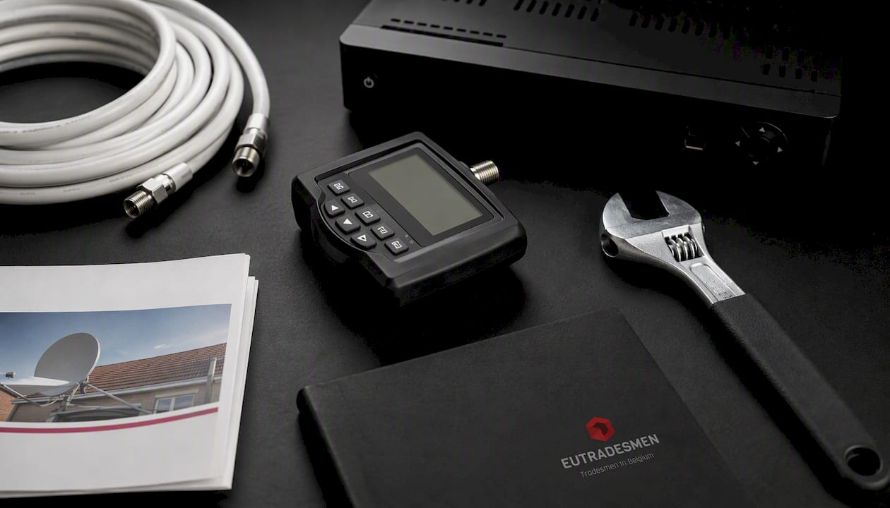 Satellite TV repair tools and equipment flat lay