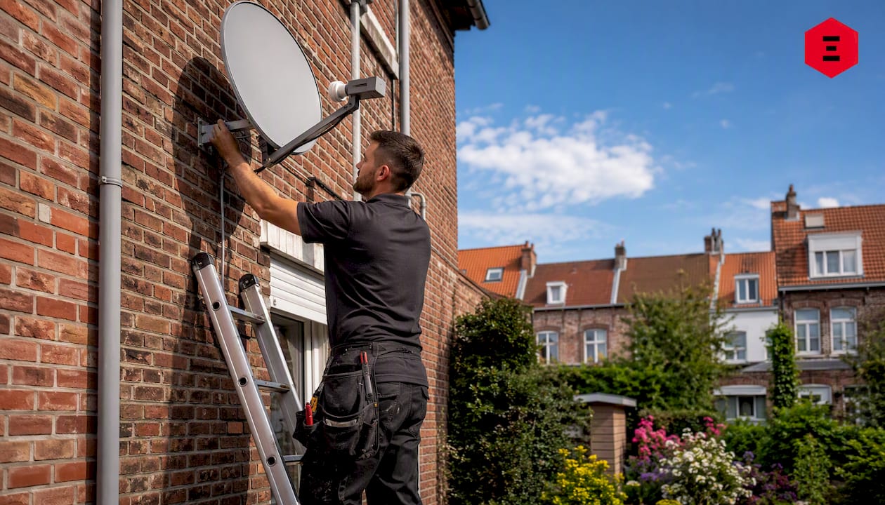 Satellite dish installed on rear residential wall
