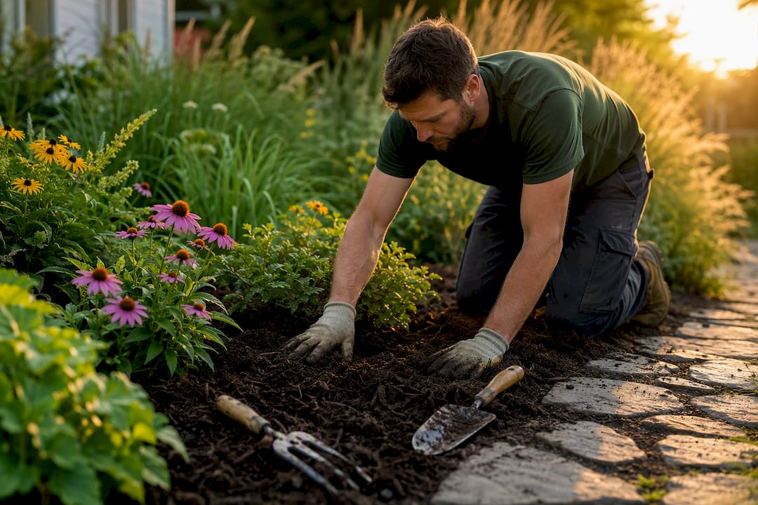 Gardener applying mulch to soil in garden bed