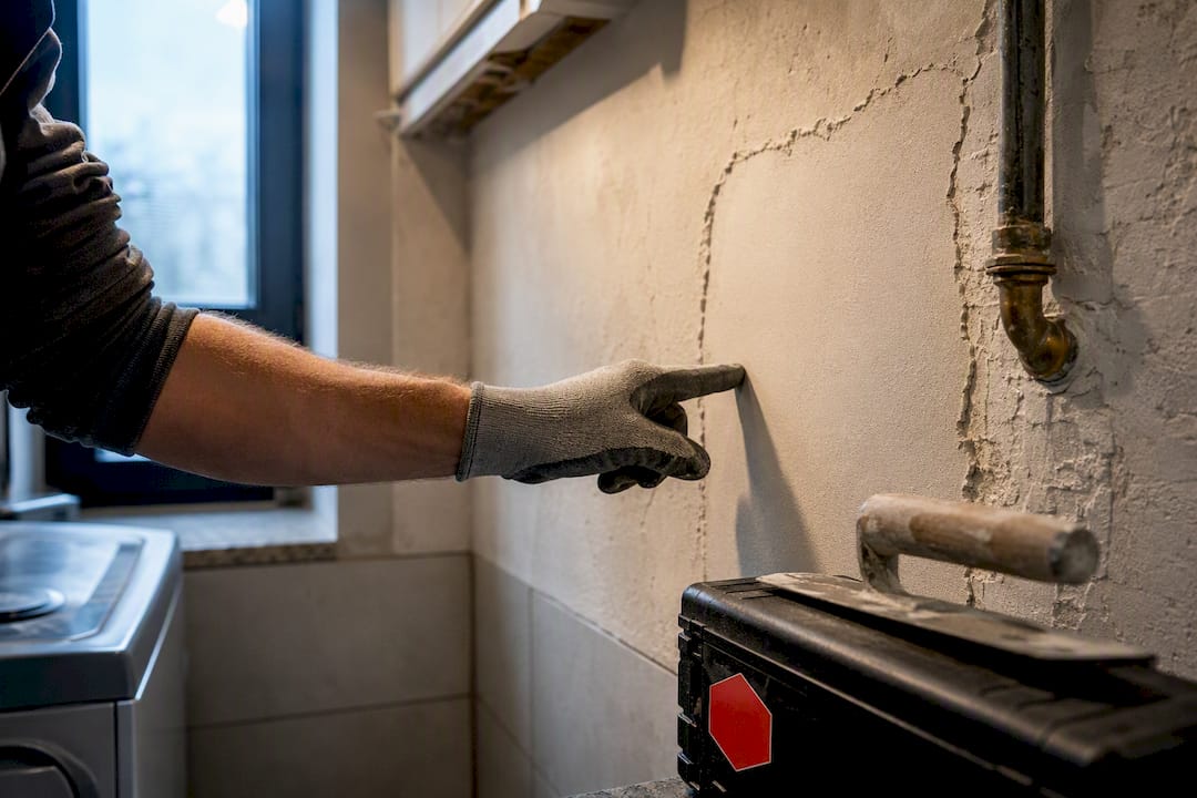 Repaired plaster and exposed pipe detail