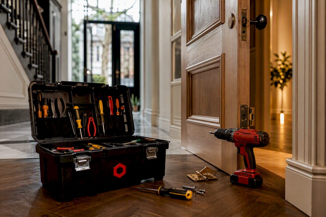 Handyman tools beside repaired townhouse door