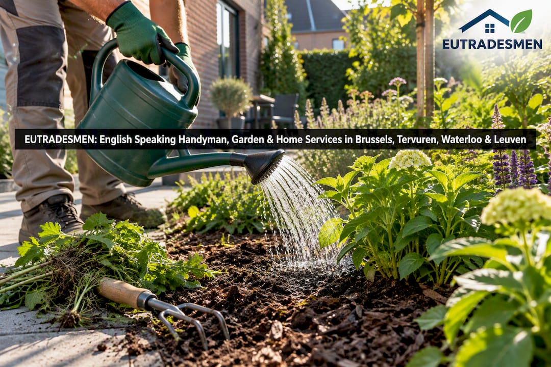 Watering plants in a recovering Belgian garden