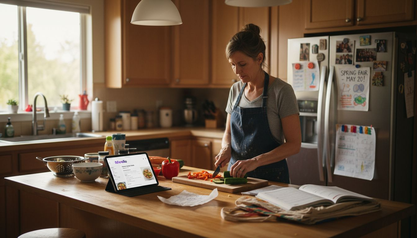 Parent uses meal plan app in home kitchen