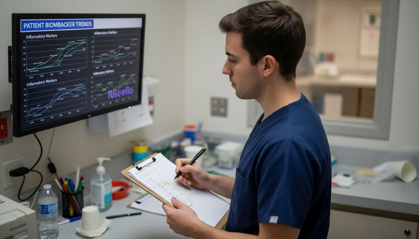 Nurse reviews patient biomarker trends on monitor