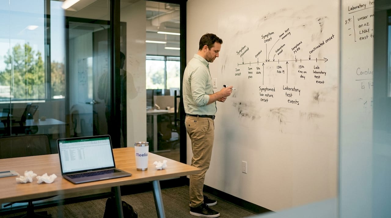 Clinician studying medical timeline on whiteboard