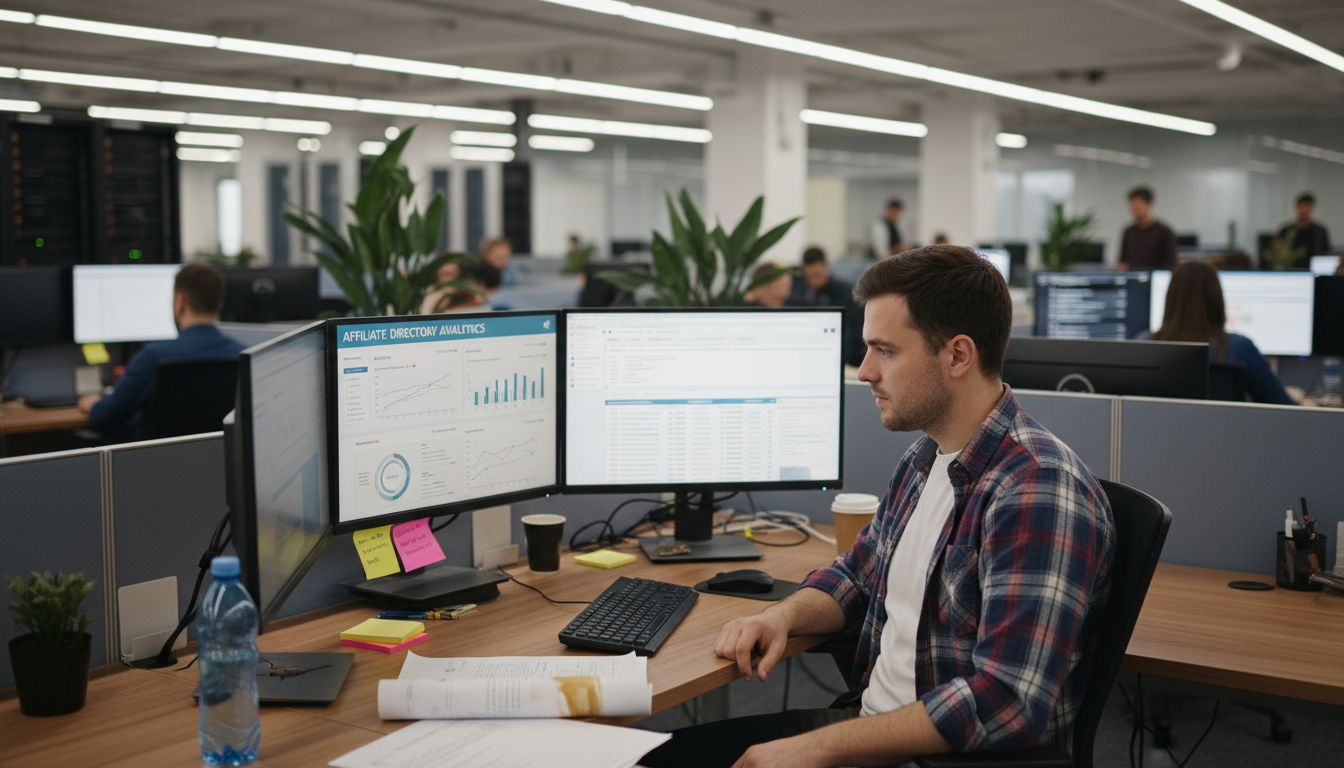 Marketer monitoring affiliate campaign analytics screens