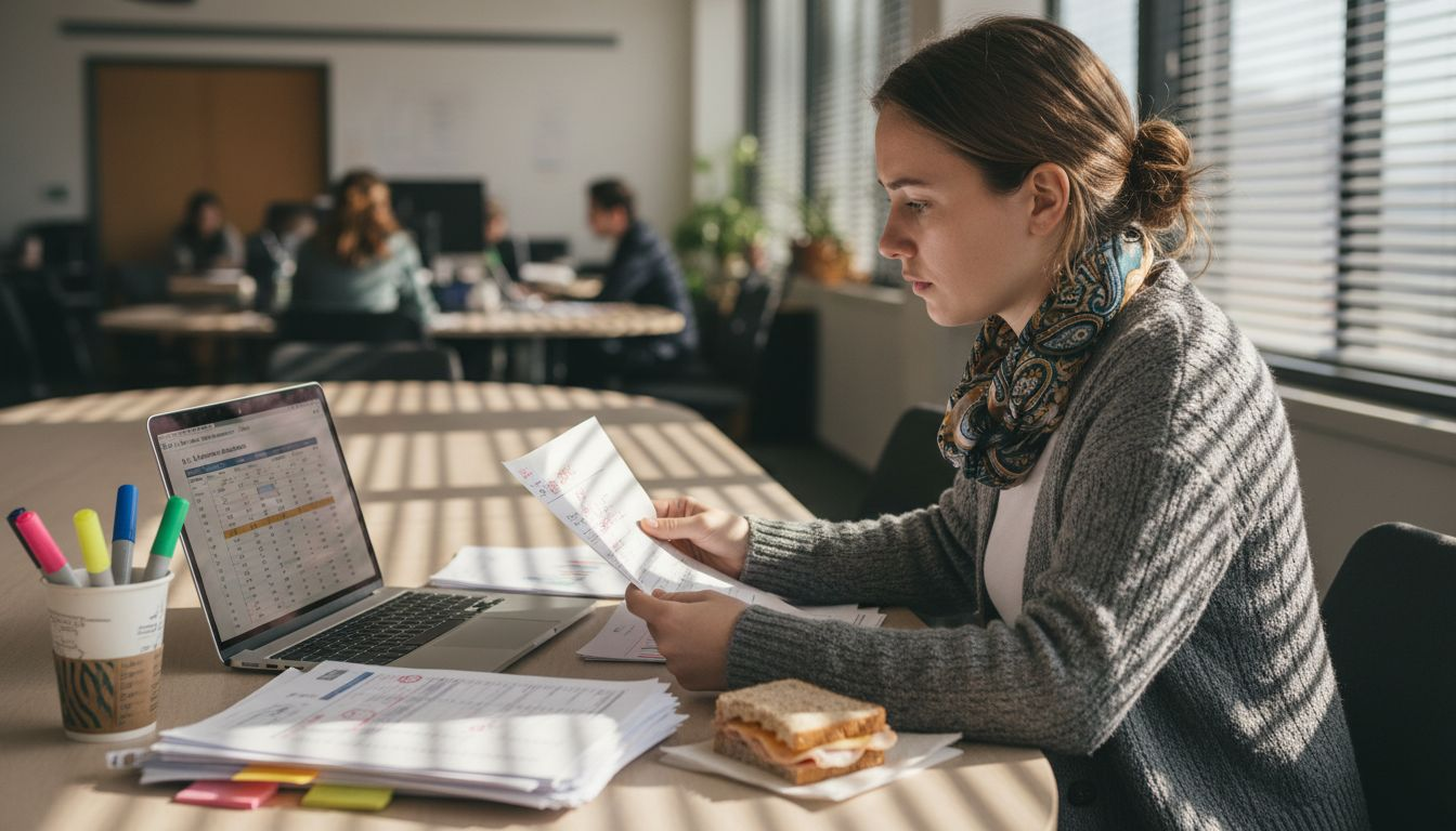 Woman cross-checks affiliate stats at office table
