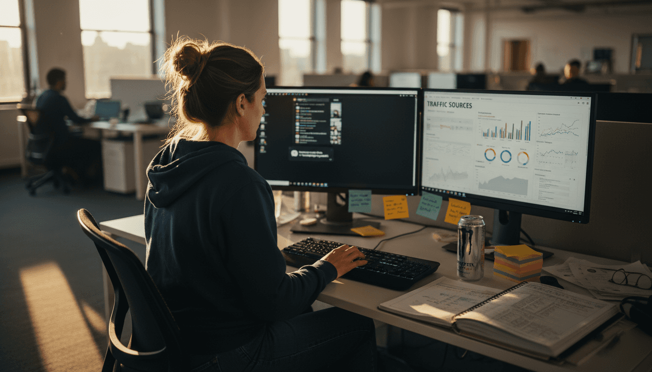 Woman uses tracking software in open office