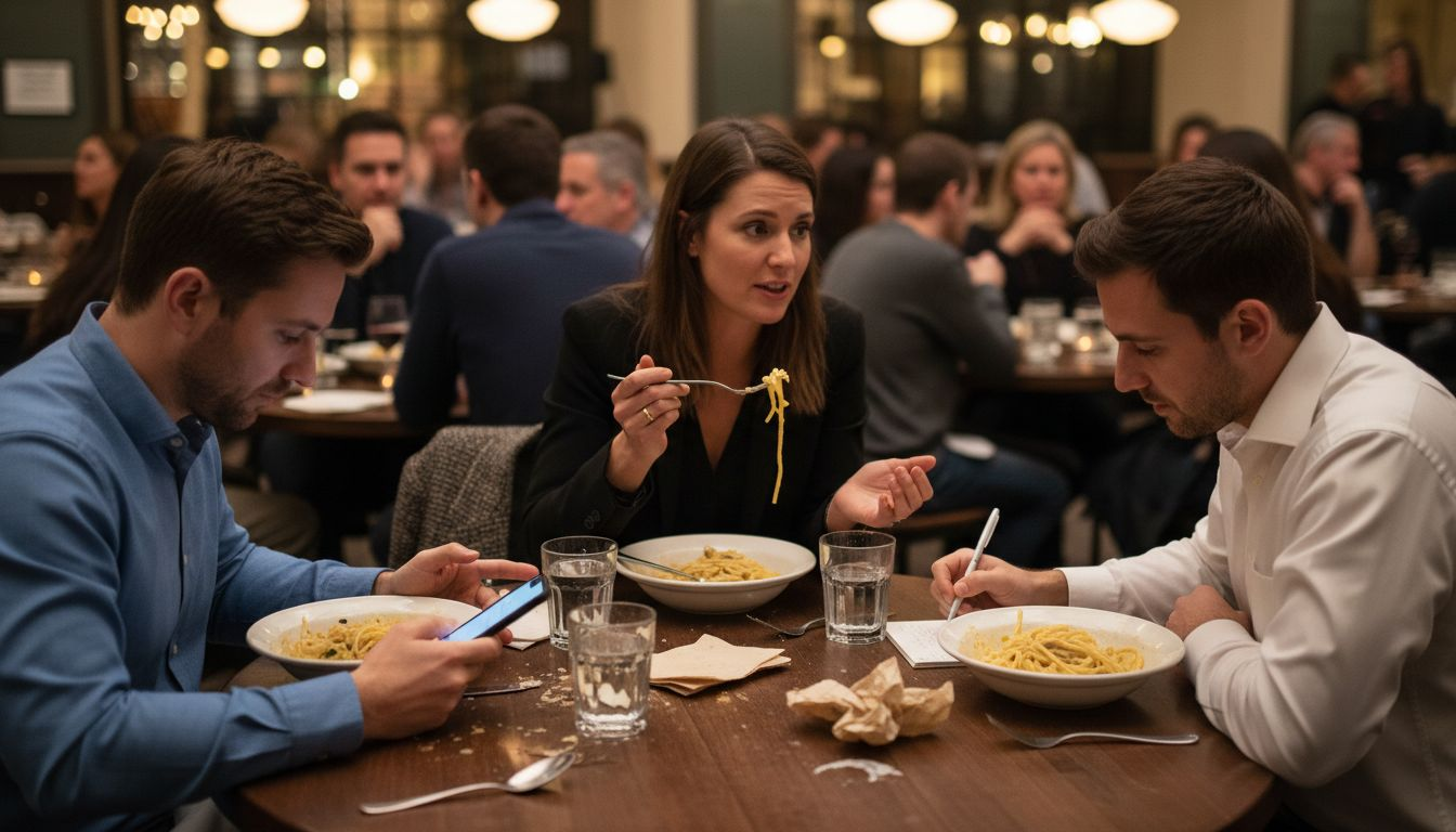 Marketers sharing notes at dinner table