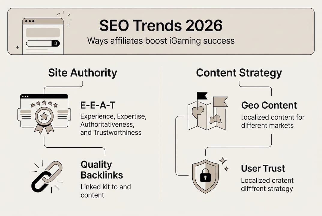 Infographic showing top iGaming SEO trends 2026