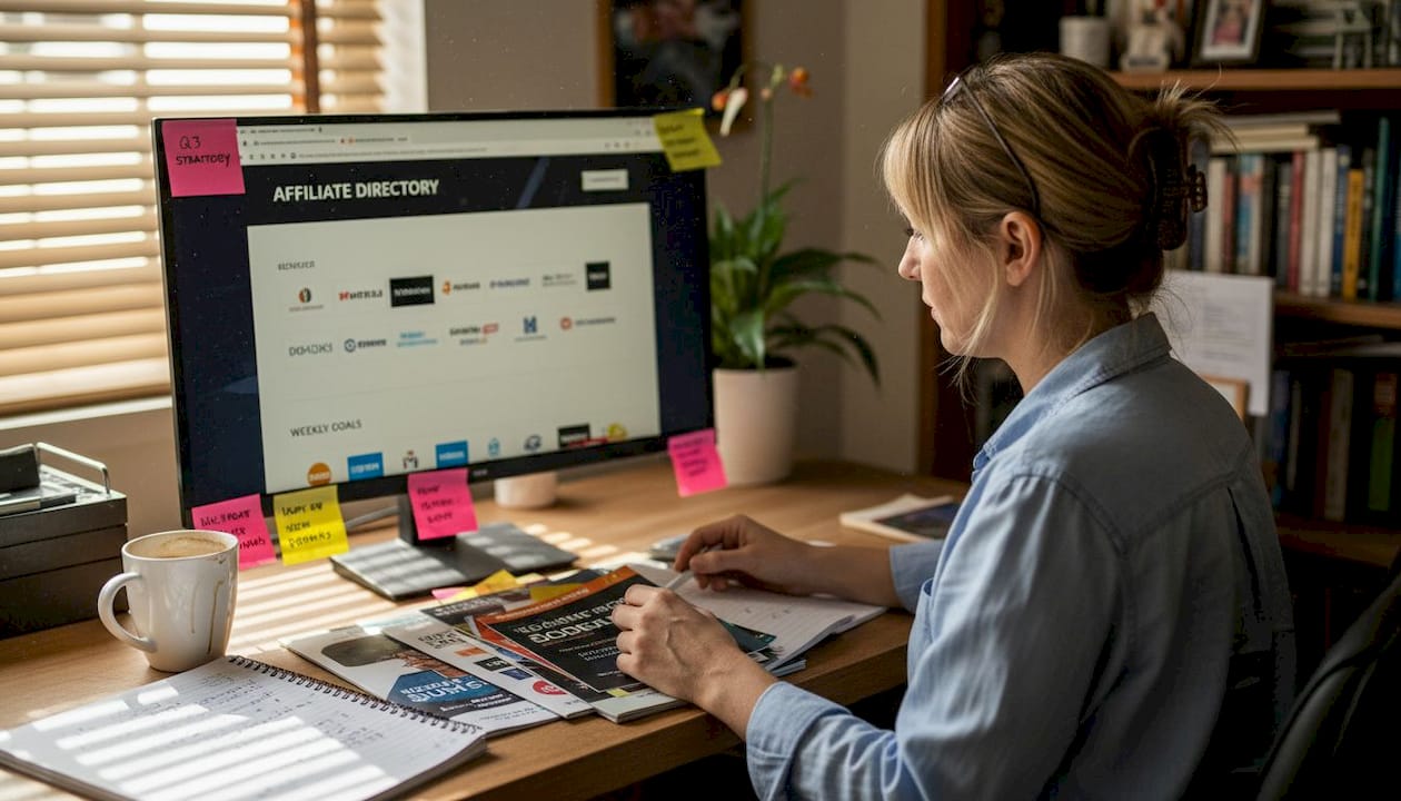 Operator browsing online affiliate directory at desk