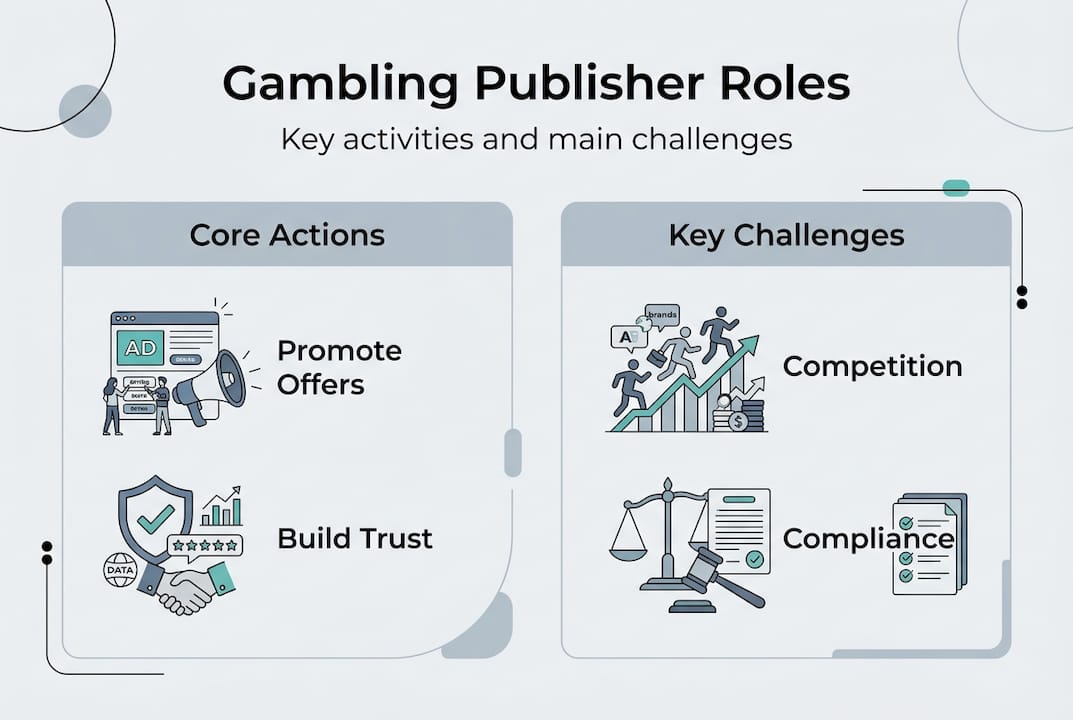 Infographic showing gambling publisher roles and challenges