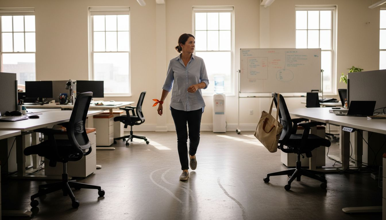 Manager walks wide path in open office