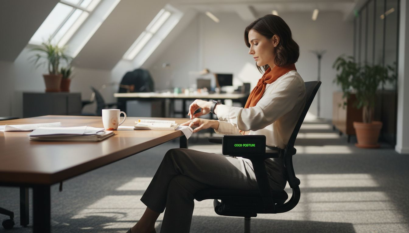 Woman adjusting smart chair checking smartwatch