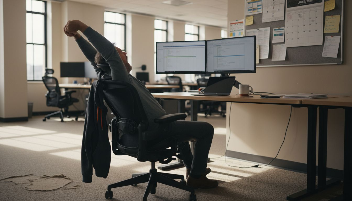 Worker relaxing in ergonomic mesh chair