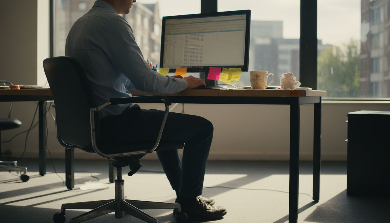 Person using steel-frame chair and laminate desk
