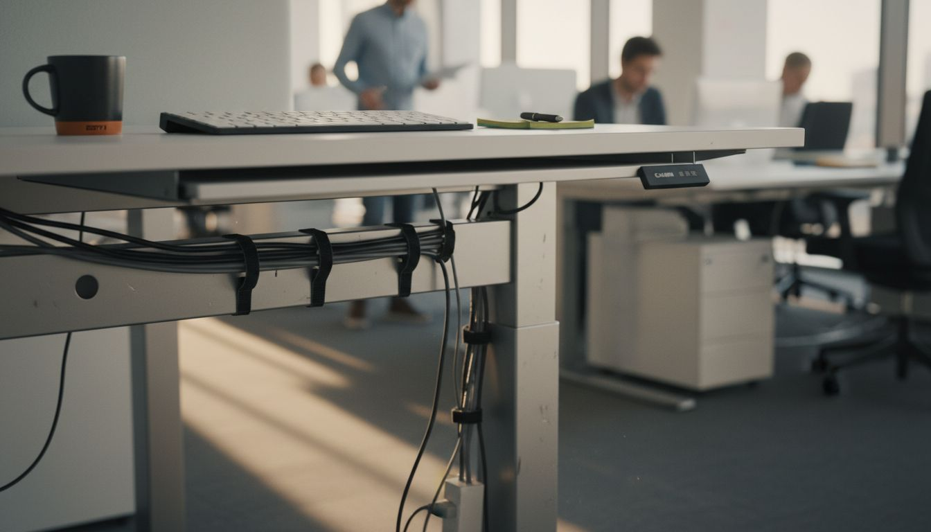 Height adjustable desk with visible cable management