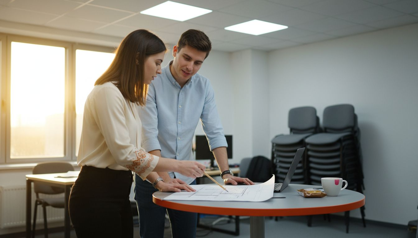 Colleagues using warm-coloured office furniture
