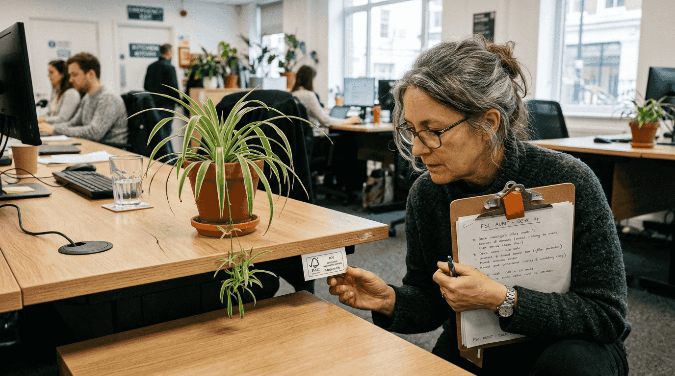 Manager checks FSC label on office desk