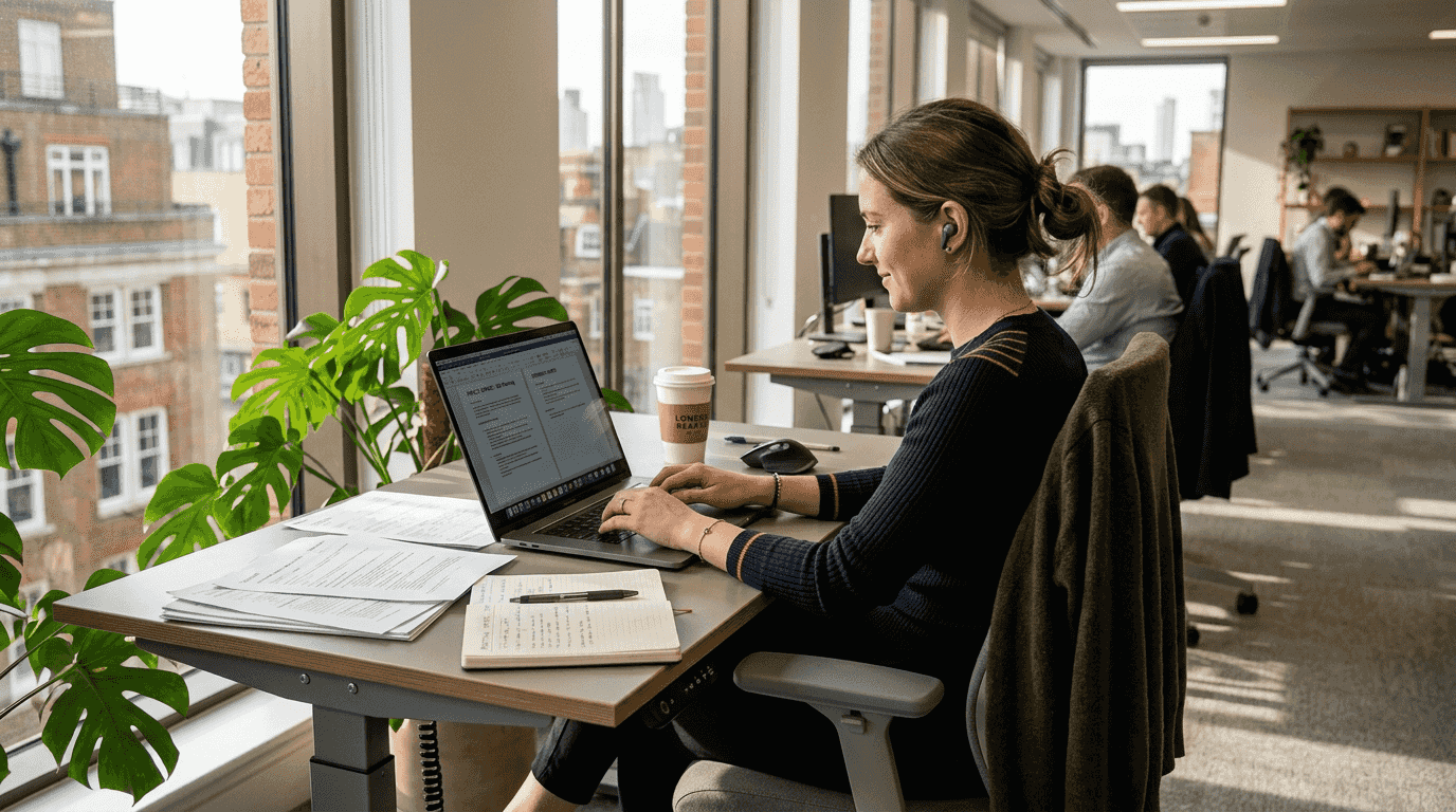 Employee seated at adjustable desk in office