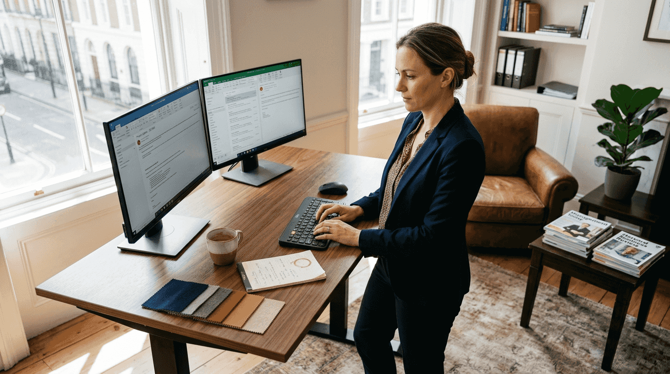 Executive working at standing desk with monitors