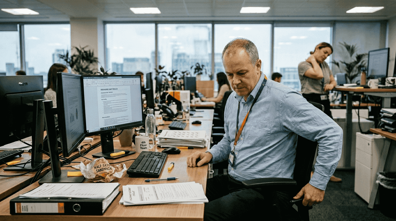 Office worker adjusting ergonomic chair during assessment
