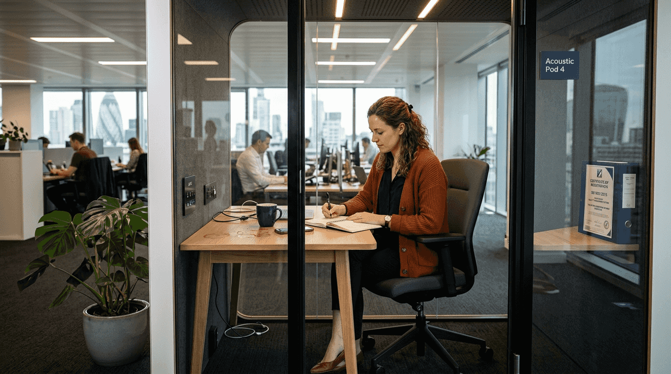Worker using ergonomic acoustic pod London office