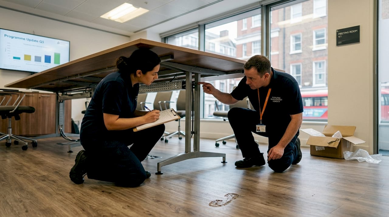 Staff inspecting conference table build quality