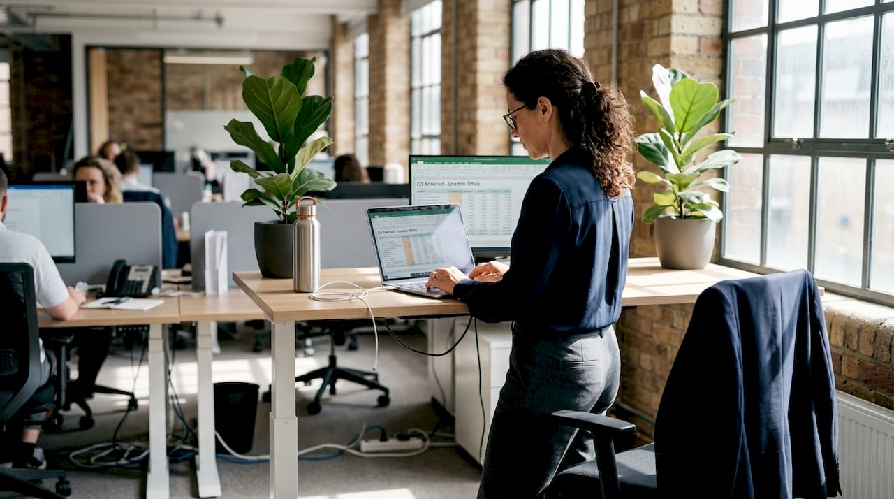 Executive using sit-stand desk with laptop