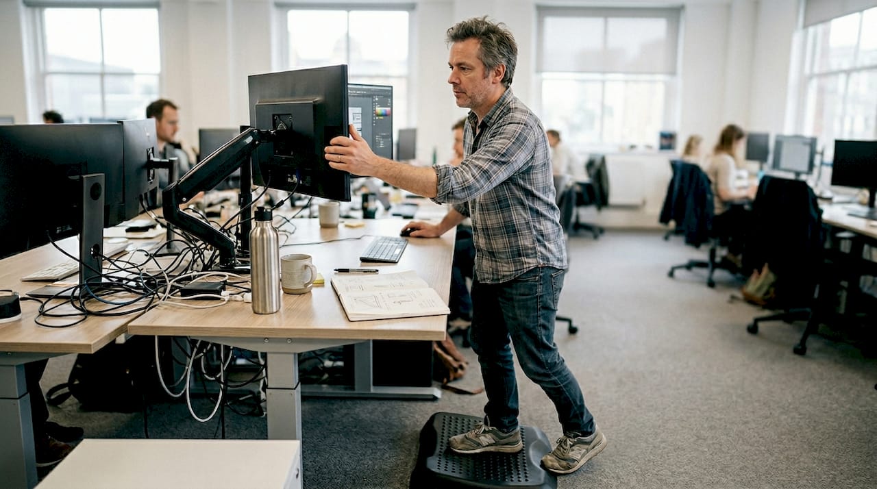 Designer using ergonomic mat and monitor arms