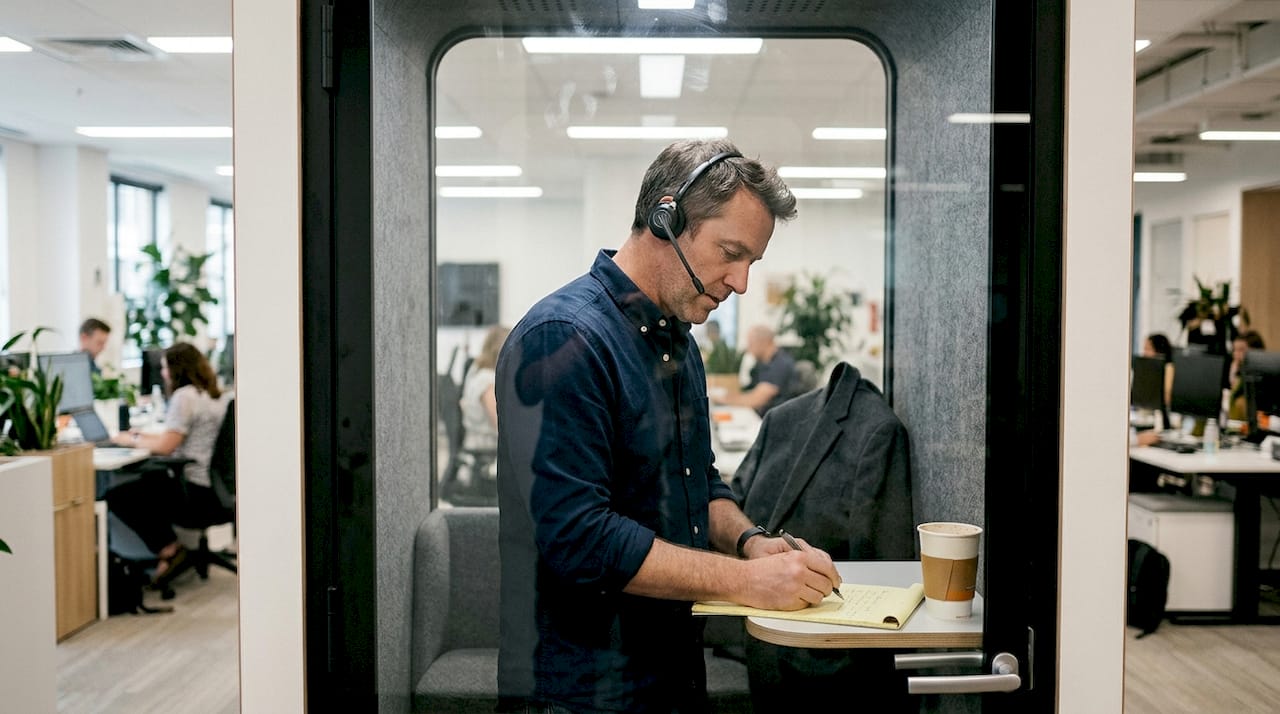 Man using acoustic booth for private call
