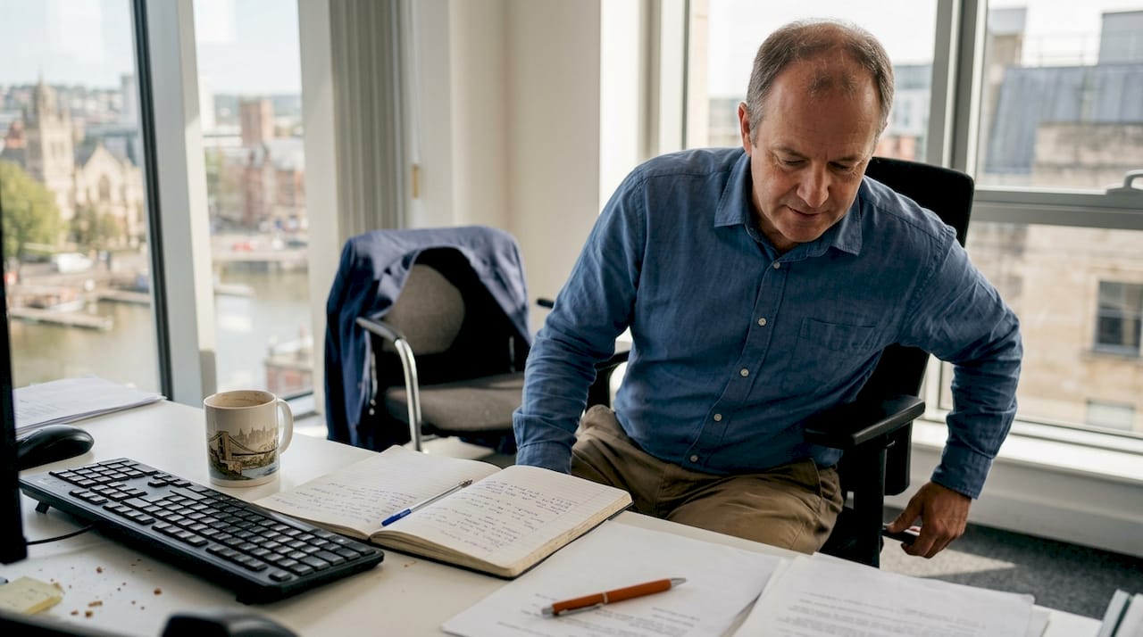Worker adjusting ergonomic chair in UK office