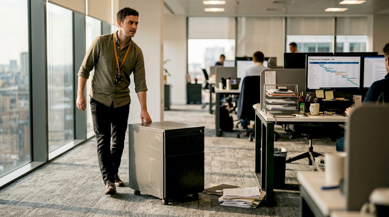 Employee moving mobile pedestal in office