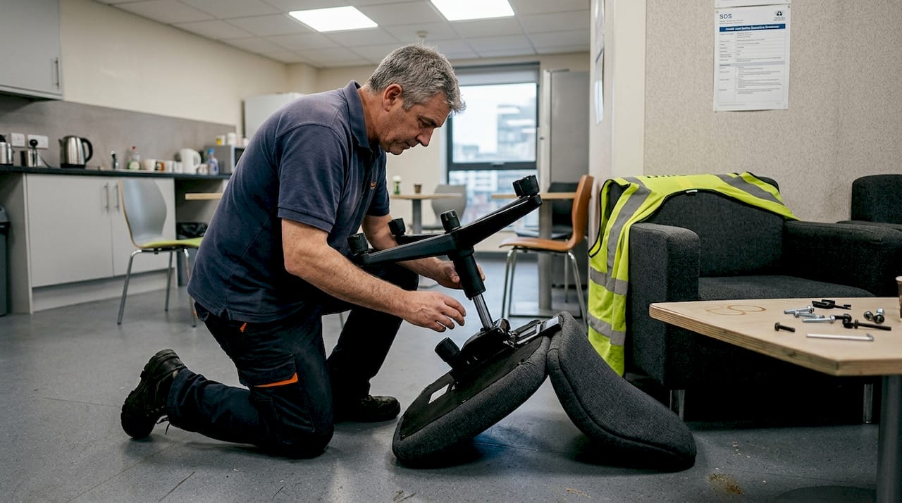 Technician examining commercial office chair frame