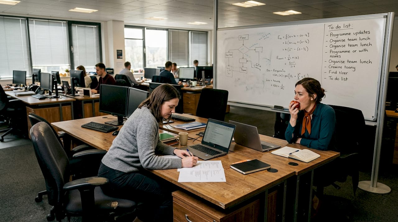 Workers using cluster desk layout in open-plan office