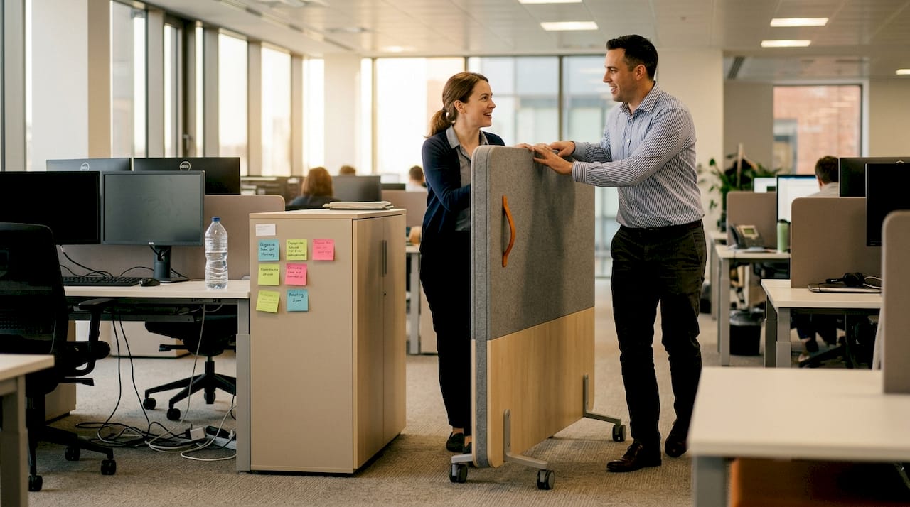 Workers moving mobile partition between desks